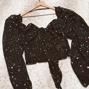 Buddy Love Black Crop Blouse with Puff Sleeves and Ruffled Tie Front